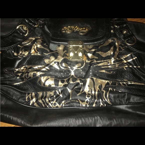 VERY CHIC Ed Hardy Christian Audigier Metallic Gold Black Tiger Purse Handbag - Picture 10 of 11
